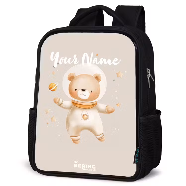 Kids backpack - Black - Beige space bear floats among stars — 6