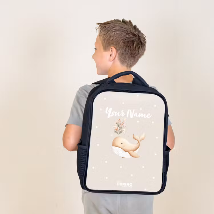 Kids backpack - Black - Beige whale in sea of flowers — 2