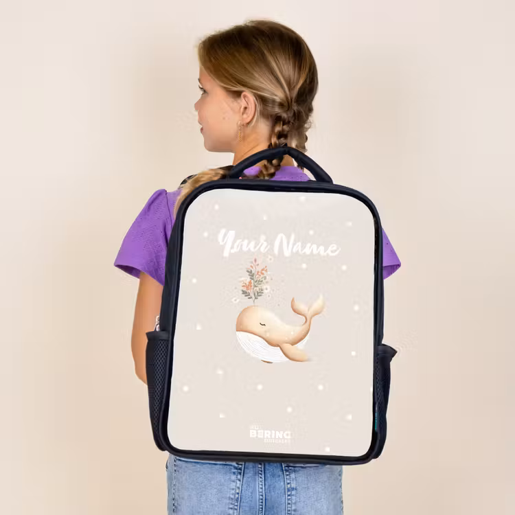 Kids backpack - Black - Beige whale in sea of flowers — 4