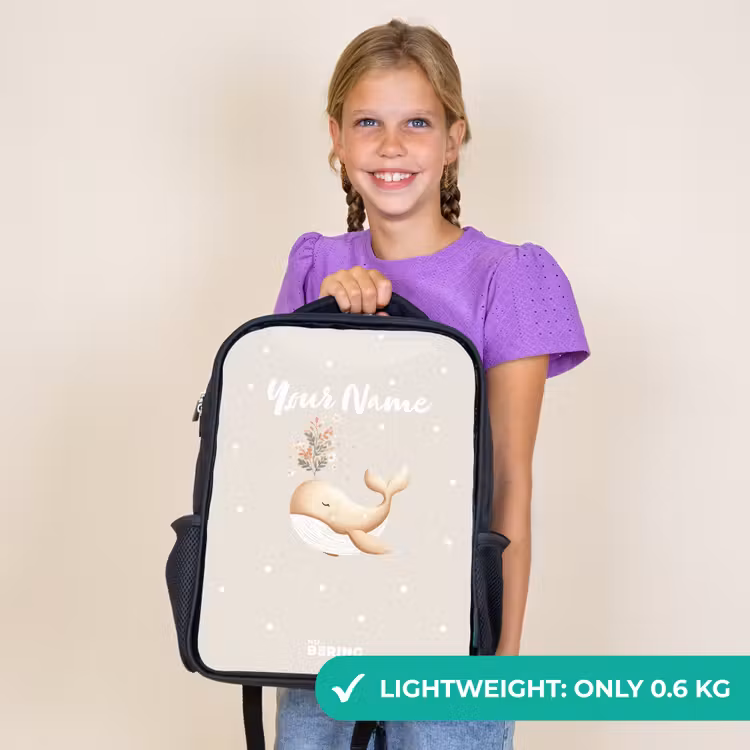 Kids backpack - Black - Beige whale in sea of flowers — 9