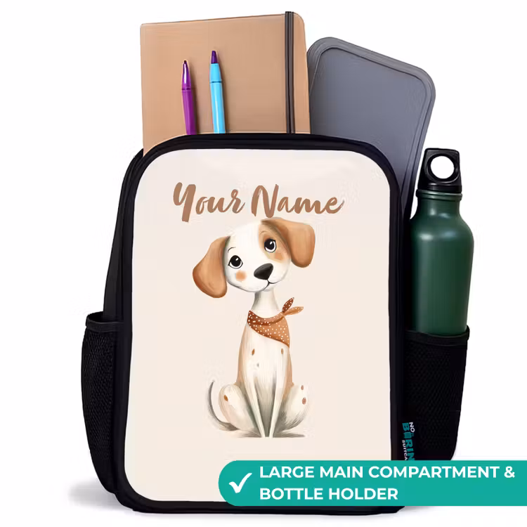 Kids backpack - Black - Brown spotted puppy on a beige background — 10