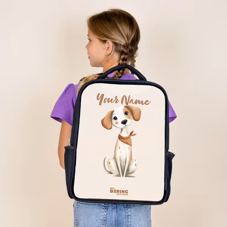 Kids backpack - Black - Brown spotted puppy on a beige background — 4