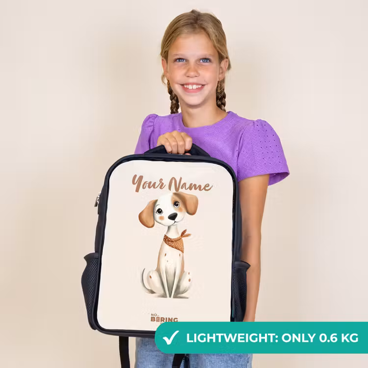 Kids backpack - Black - Brown spotted puppy on a beige background — 9