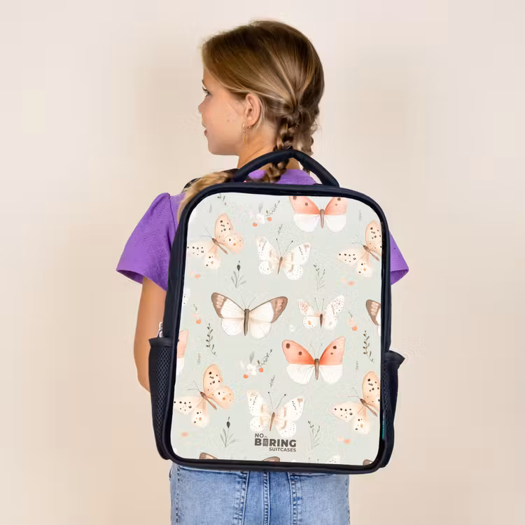 Kids backpack - Black - Butterfly pattern in soft orange and red tones — 4