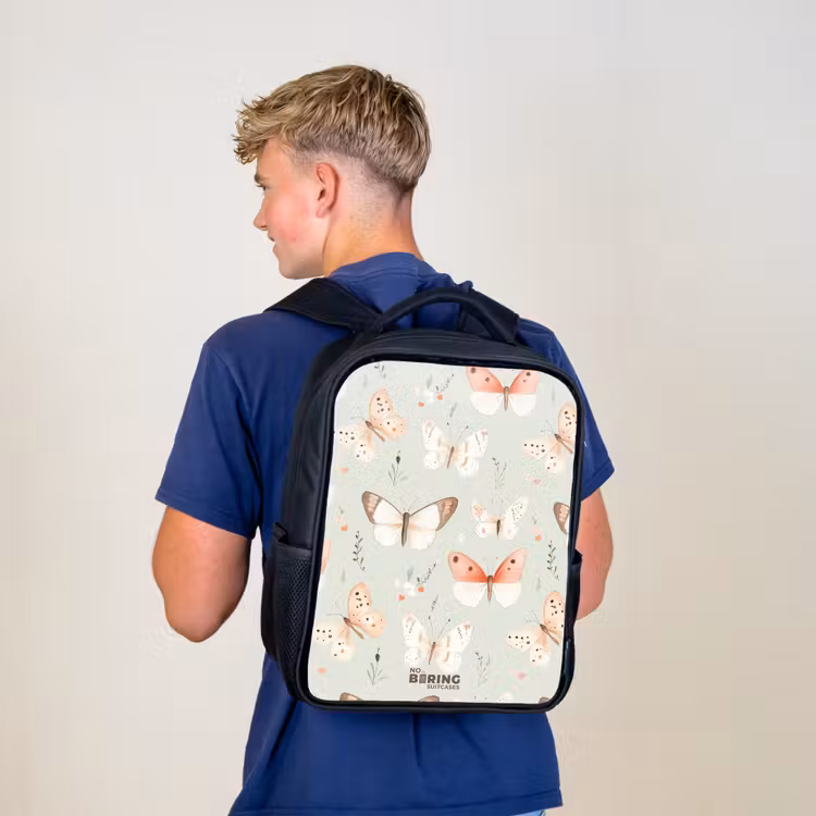 Kids backpack - Black - Butterfly pattern in soft orange and red tones — 5