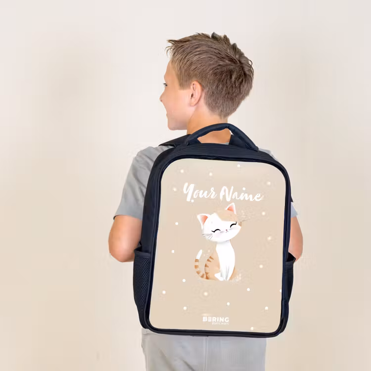 Kids backpack - Black - Cat surrounded by beige dots — 2