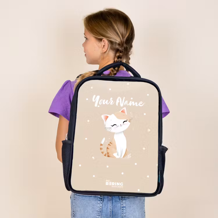 Kids backpack - Black - Cat surrounded by beige dots — 4