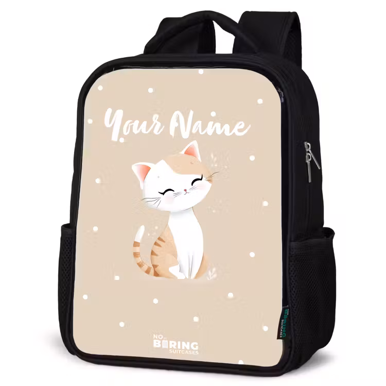 Kids backpack - Black - Cat surrounded by beige dots — 6