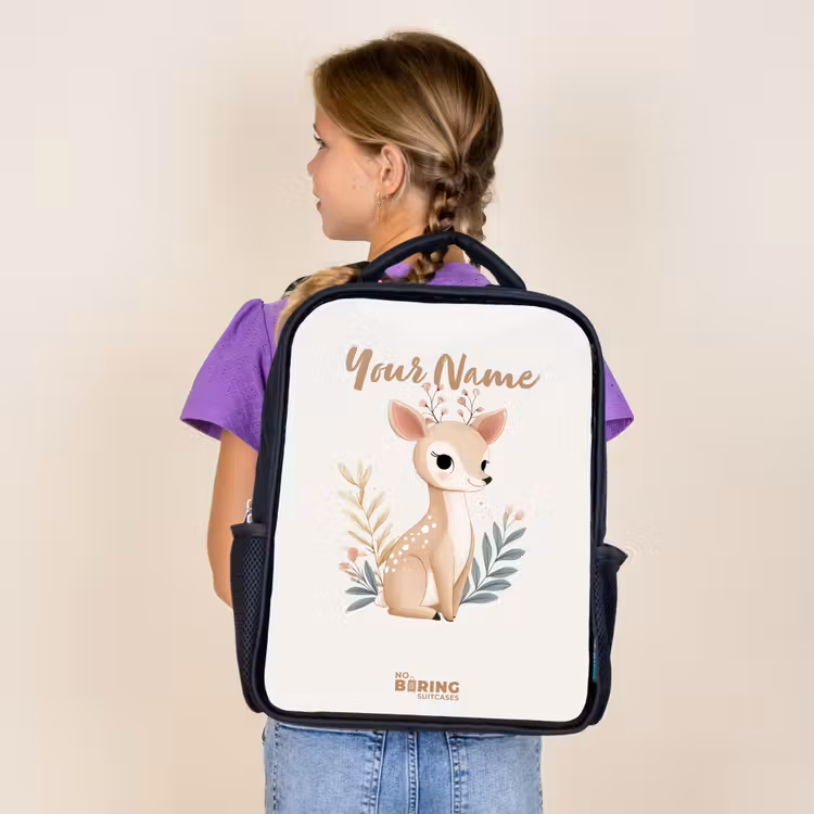 Kids backpack - Black - Deer surrounded by plants in shades of beige — 4