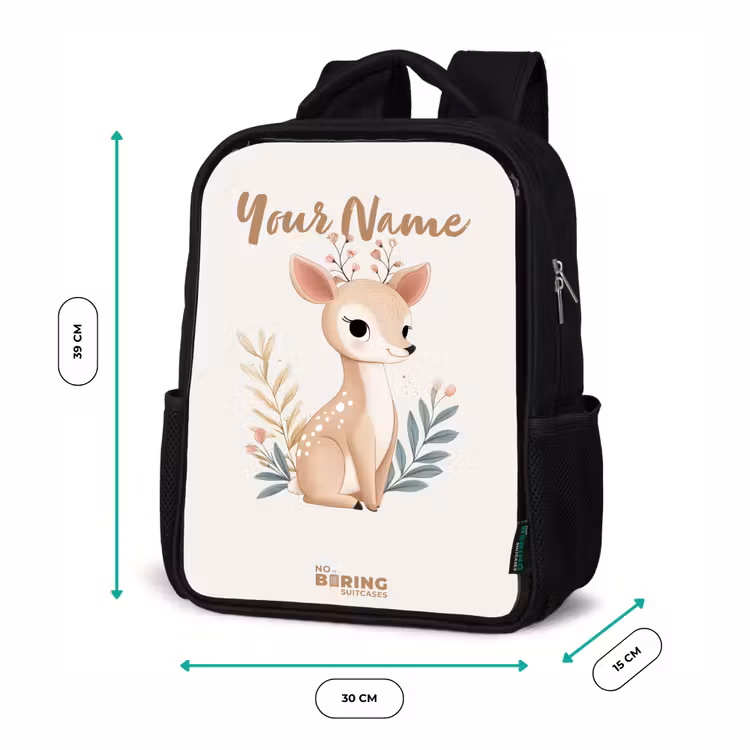 Kids backpack - Black - Deer surrounded by plants in shades of beige — 8