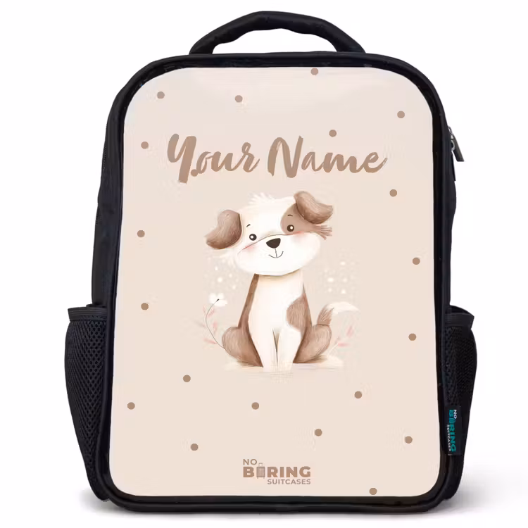 Kids backpack - Black - Dog puppy surrounded by brown dots — 1