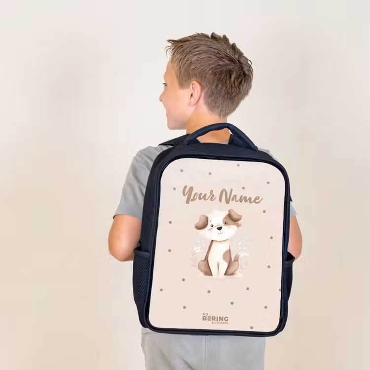 Kids backpack - Black - Dog puppy surrounded by brown dots — 2