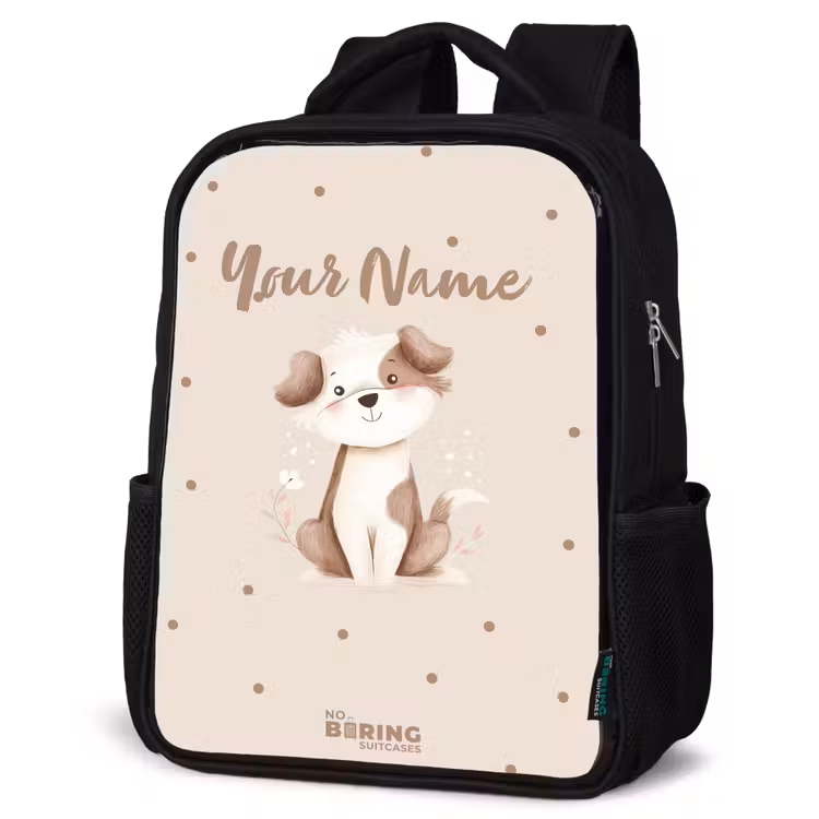 Kids backpack - Black - Dog puppy surrounded by brown dots — 6