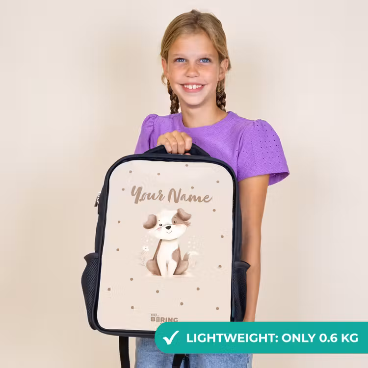 Kids backpack - Black - Dog puppy surrounded by brown dots — 9