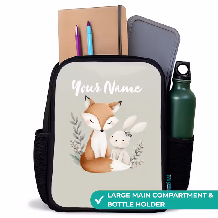 Kids backpack - Black - Fox and rabbit surrounded by green leaves — 10