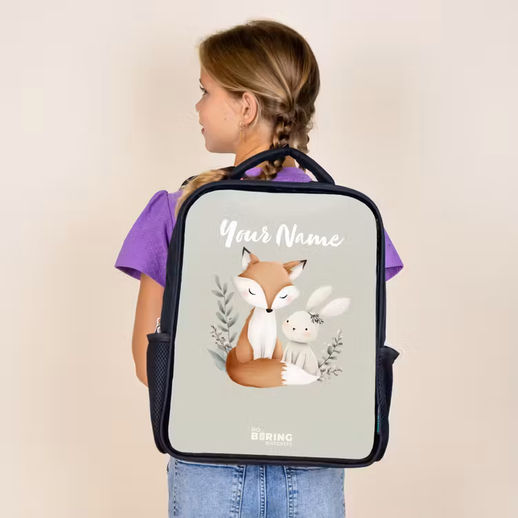 Kids backpack - Black - Fox and rabbit surrounded by green leaves — 4