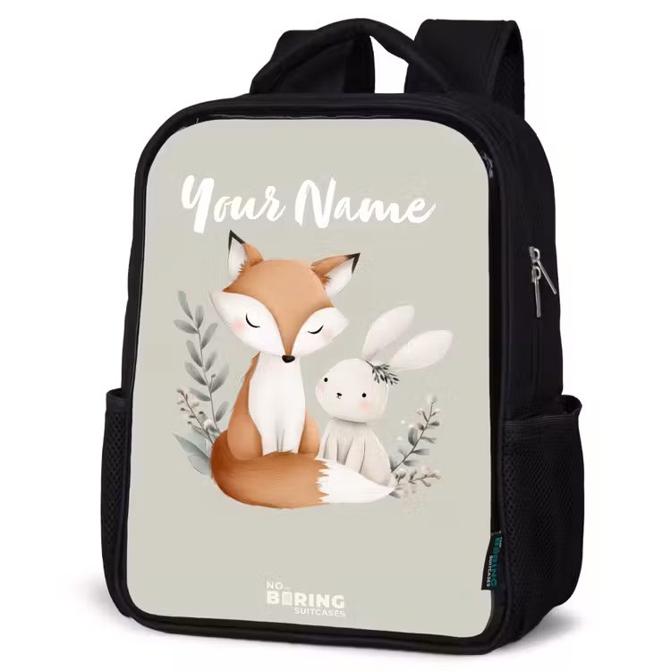 Kids backpack - Black - Fox and rabbit surrounded by green leaves — 6