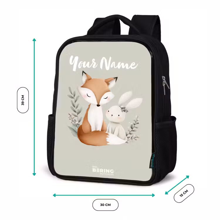 Kids backpack - Black - Fox and rabbit surrounded by green leaves — 8