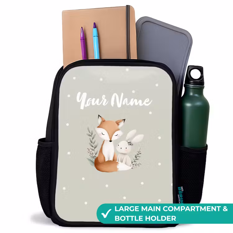 Kids backpack - Black - Fox and rabbit surrounded by green leaves and dots — 10