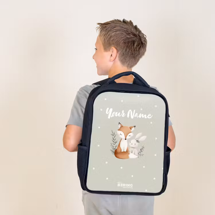Kids backpack - Black - Fox and rabbit surrounded by green leaves and dots — 2