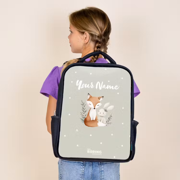 Kids backpack - Black - Fox and rabbit surrounded by green leaves and dots — 4