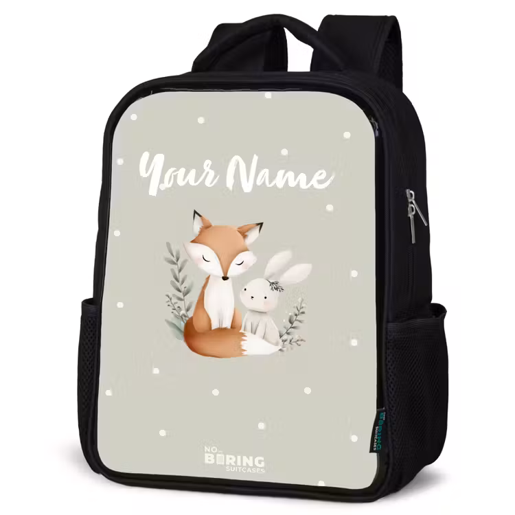 Kids backpack - Black - Fox and rabbit surrounded by green leaves and dots — 6