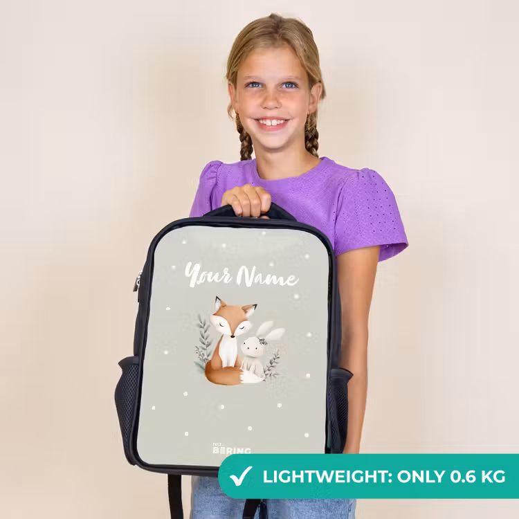 Kids backpack - Black - Fox and rabbit surrounded by green leaves and dots — 9