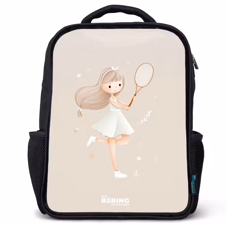 Kids backpack - Black - Girl plays tennis in beige colors — 1