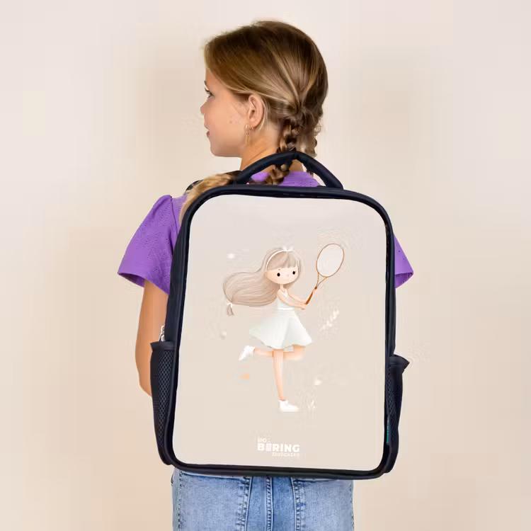 Kids backpack - Black - Girl plays tennis in beige colors — 4