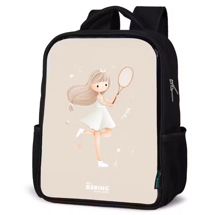 Kids backpack - Black - Girl plays tennis in beige colors — 6