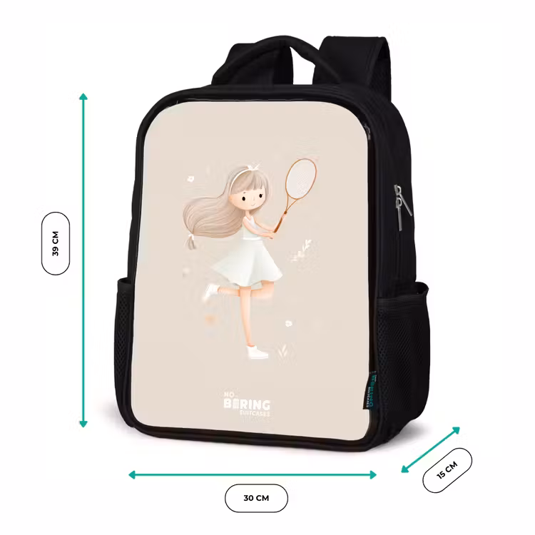 Kids backpack - Black - Girl plays tennis in beige colors — 8