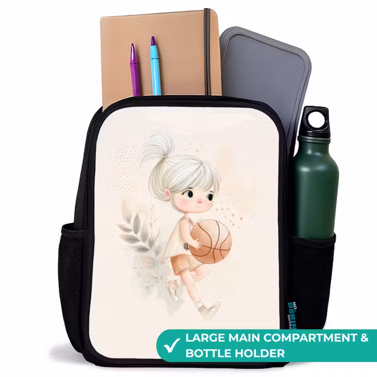 Kids backpack - Black - Girl with a basketball in neutral colors. — 10