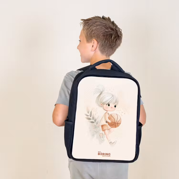Kids backpack - Black - Girl with a basketball in neutral colors. — 2