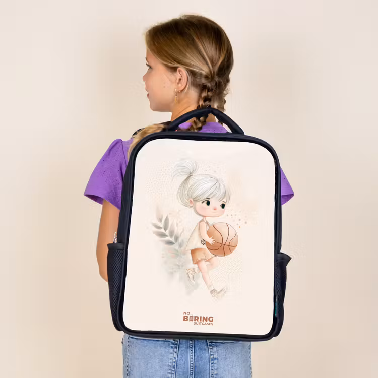 Kids backpack - Black - Girl with a basketball in neutral colors. — 4