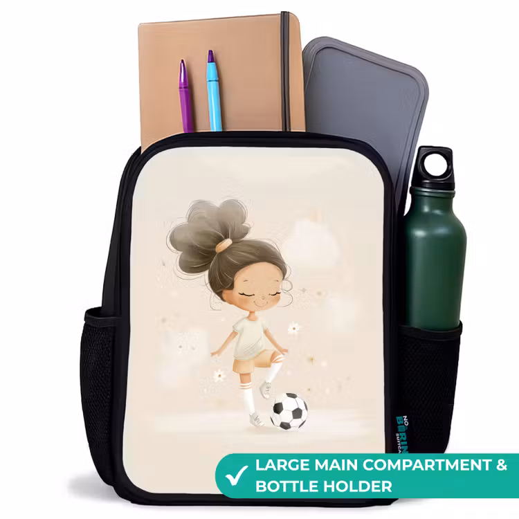 Kids backpack - Black - Girl with a soccer ball in beige colors — 10