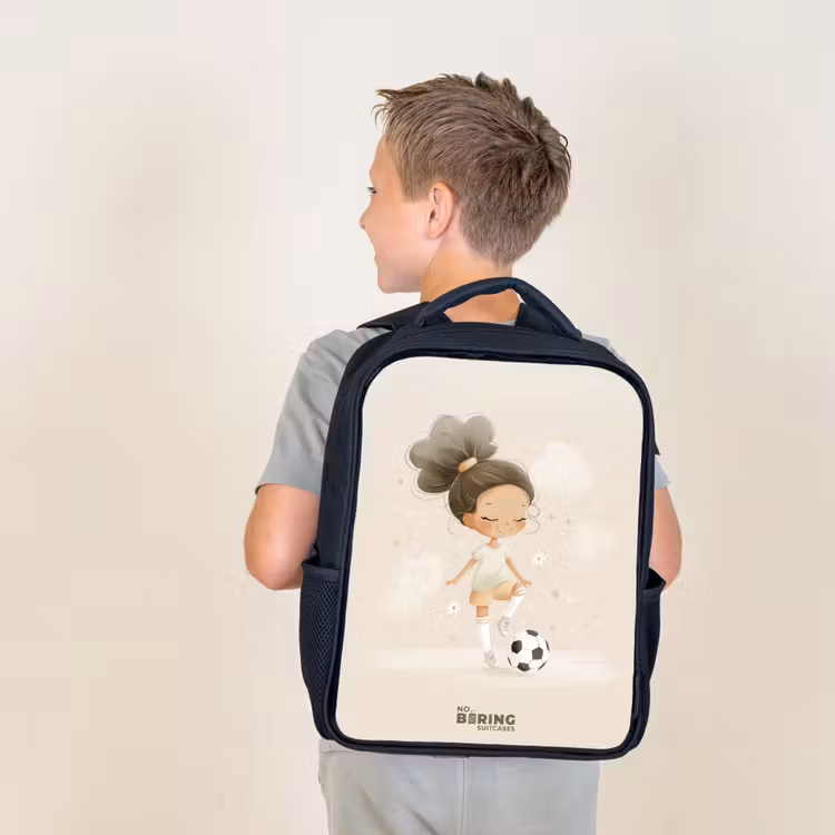 Kids backpack - Black - Girl with a soccer ball in beige colors — 2