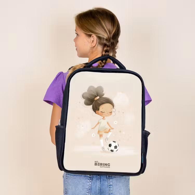 Kids backpack - Black - Girl with a soccer ball in beige colors — 4
