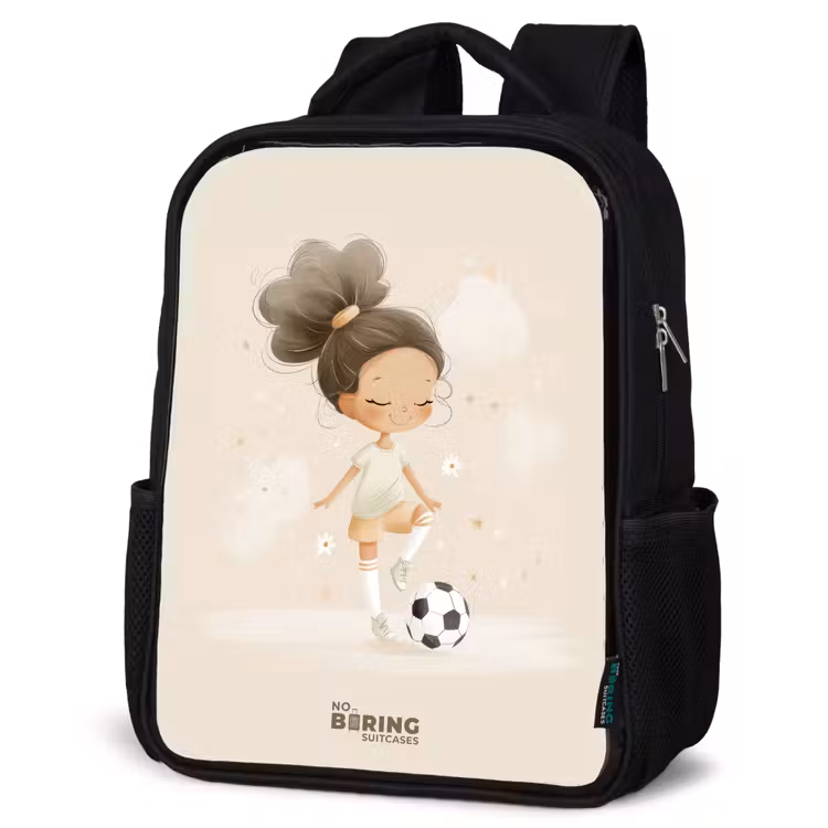 Kids backpack - Black - Girl with a soccer ball in beige colors — 6