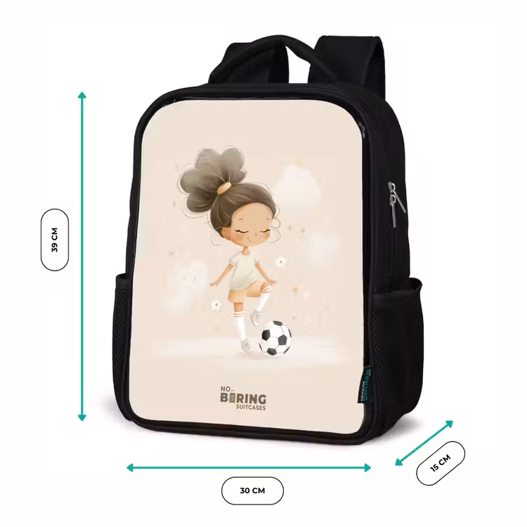 Kids backpack - Black - Girl with a soccer ball in beige colors — 8