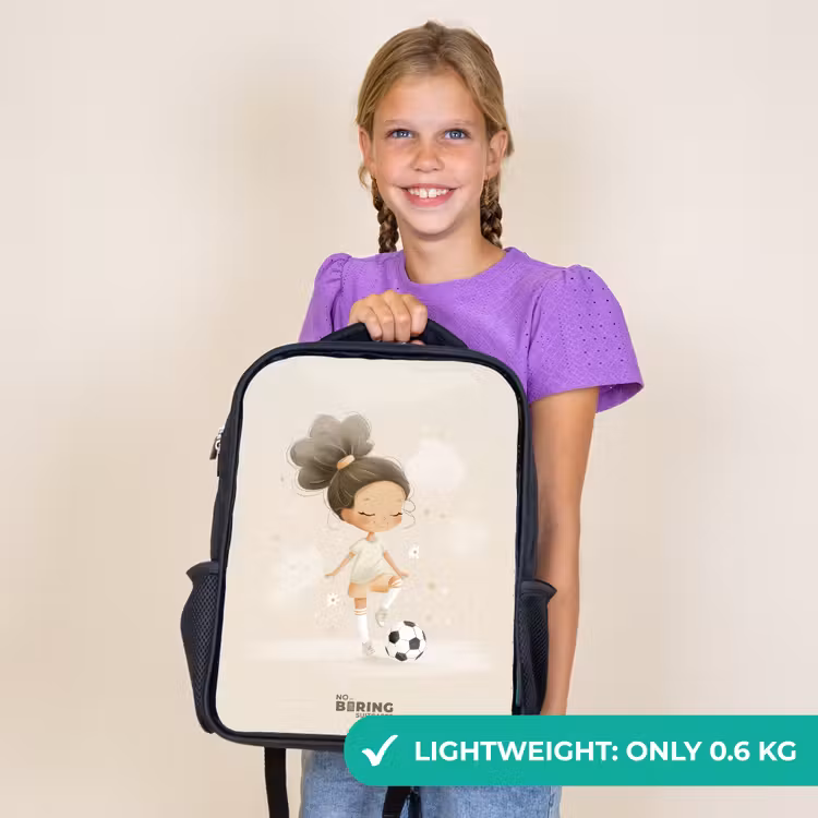 Kids backpack - Black - Girl with a soccer ball in beige colors — 9