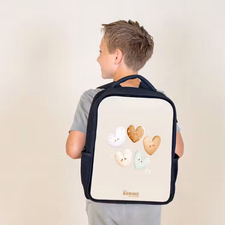 Kids backpack - Black - Hearts in soft beige tones — 2