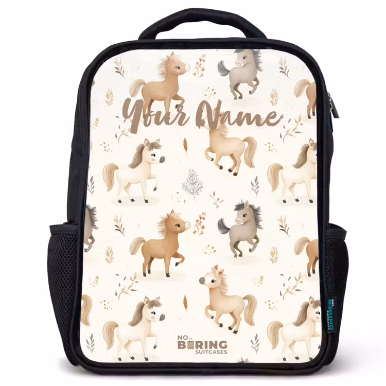 Kids backpack - Black - Pattern of foals in beige and brown colors — 1