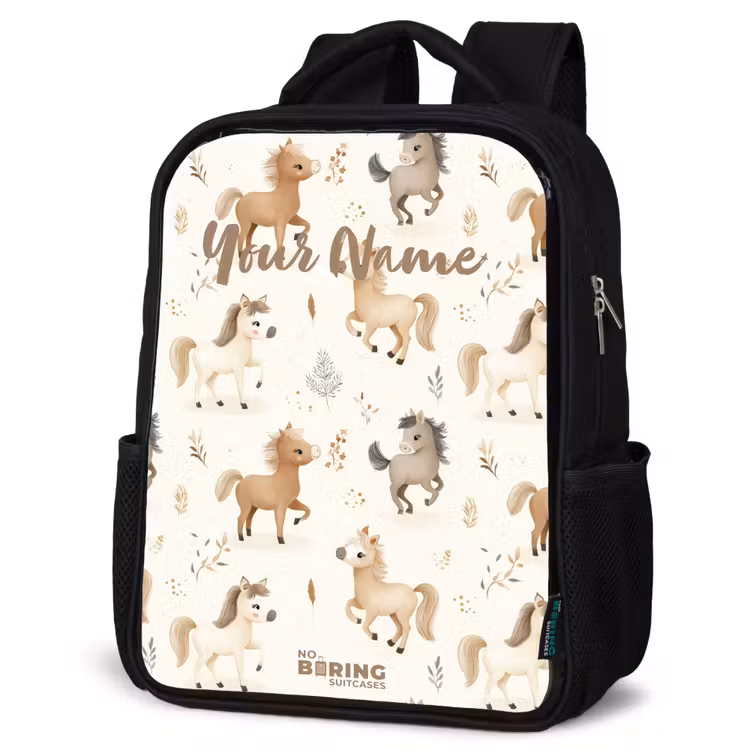 Kids backpack - Black - Pattern of foals in beige and brown colors — 6
