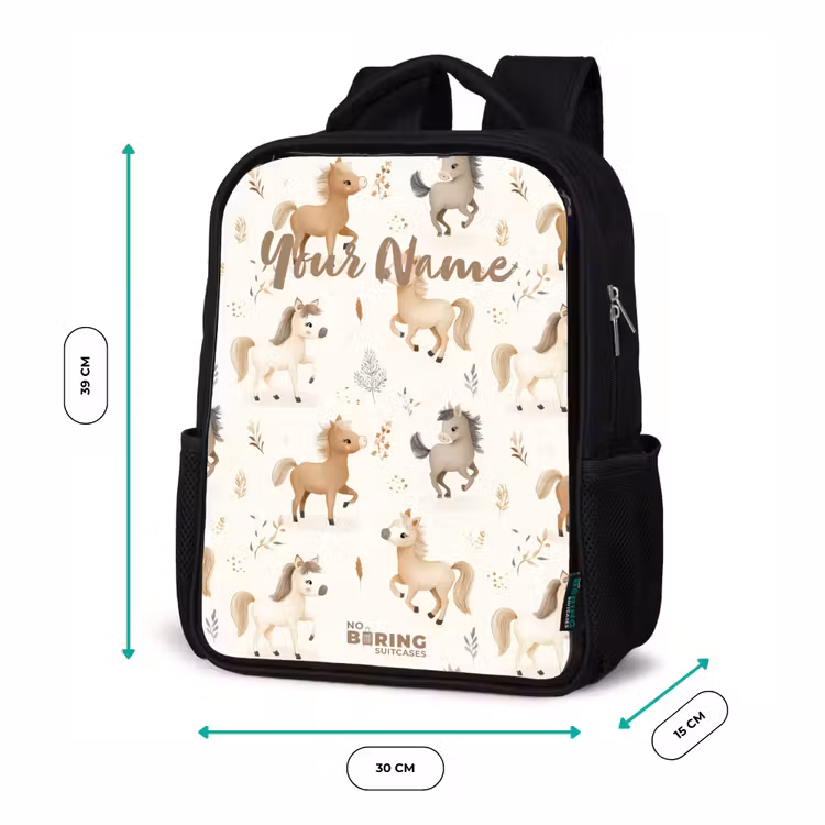 Kids backpack - Black - Pattern of foals in beige and brown colors — 8