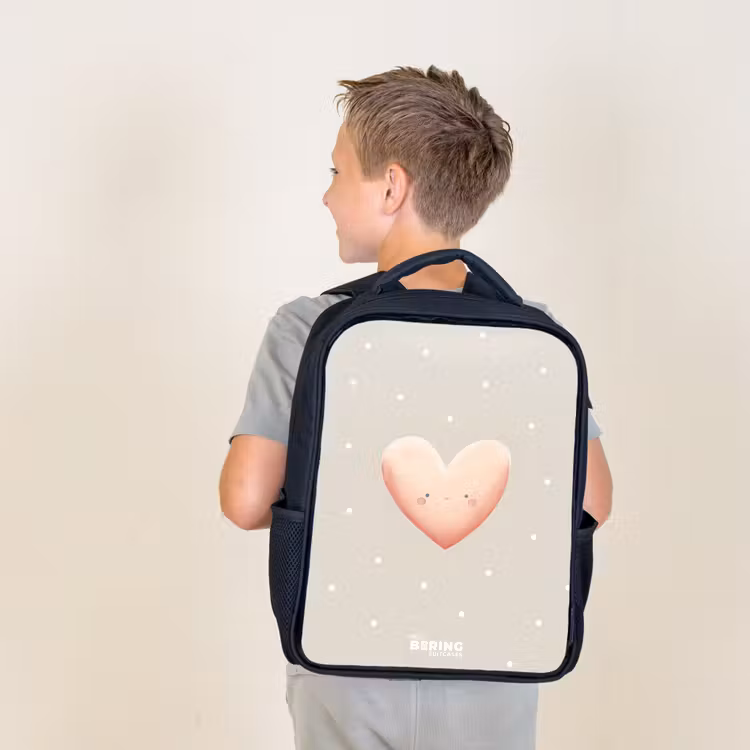 Kids backpack - Black - Pink heart surrounded by beige dots — 2