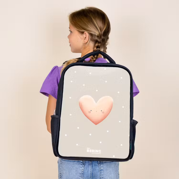 Kids backpack - Black - Pink heart surrounded by beige dots — 4