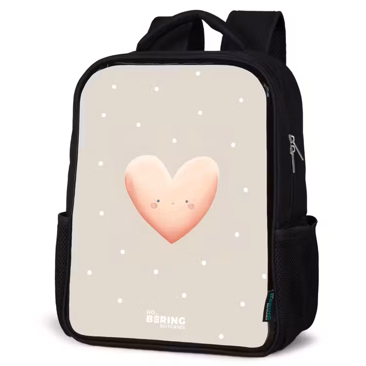 Kids backpack - Black - Pink heart surrounded by beige dots — 6