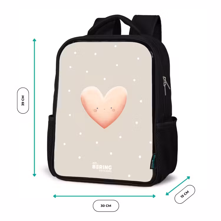 Kids backpack - Black - Pink heart surrounded by beige dots — 8