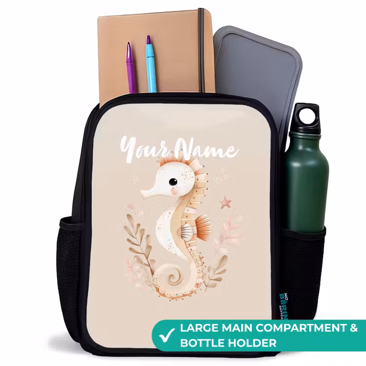 Kids backpack - Black - Pink seahorse among sea plants — 10