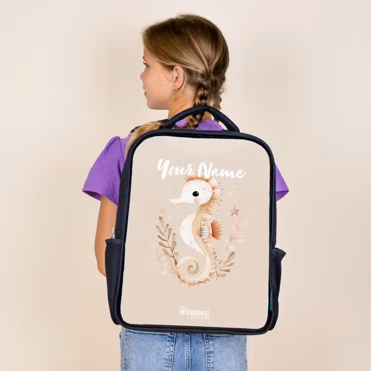 Kids backpack - Black - Pink seahorse among sea plants — 4